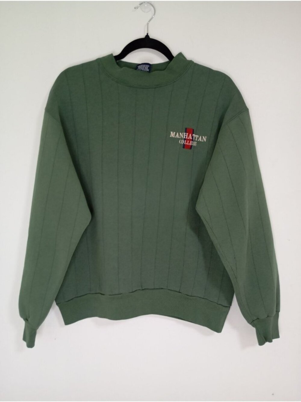 Vintage Jansport Manhattan College Green Sweatshirt Ribbed Crewneck L USA-Made
